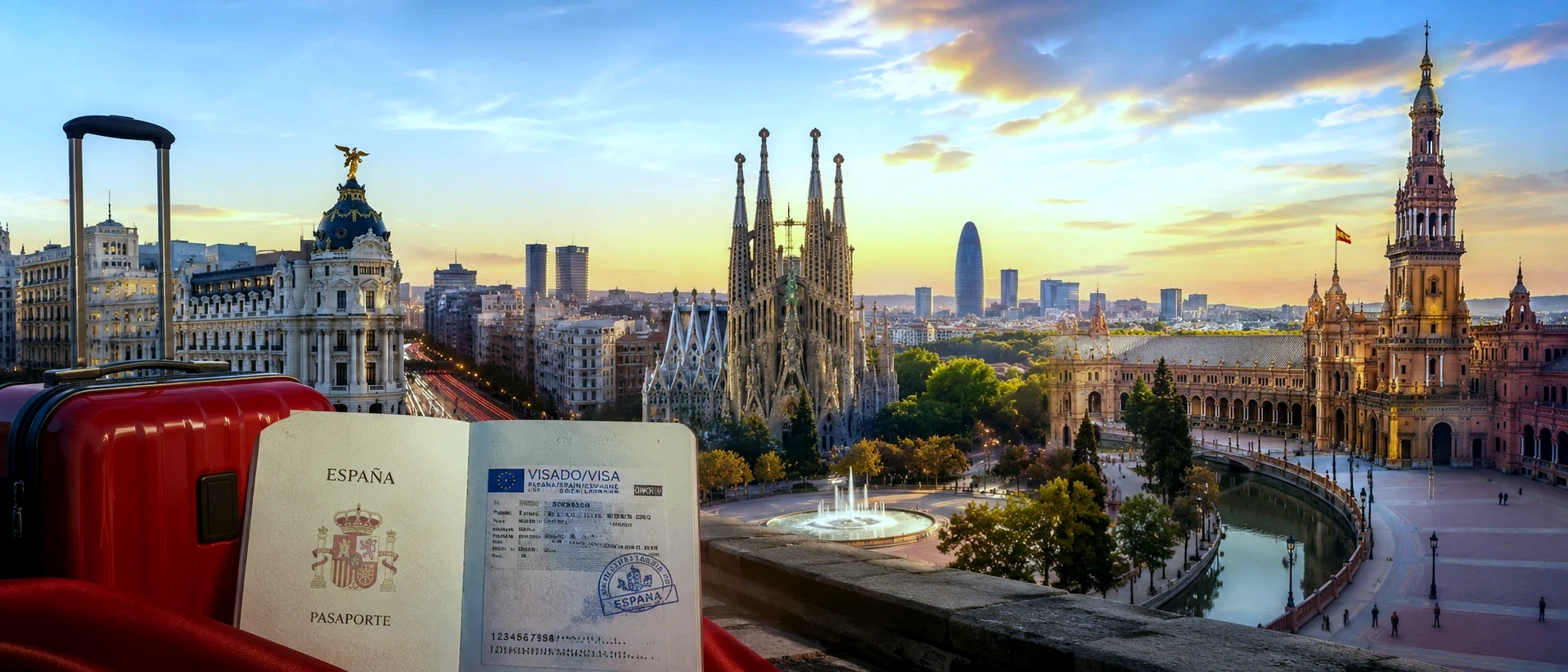 Imagem premium da Espanha com passaporte e contexto de mobilidade internacional